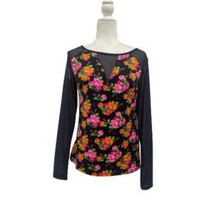 Betsey Johnson Floral Mesh Sleeve Top Size Small